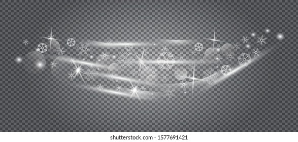 Snow is falling banner vector. Snowflakes and sparkles are flowing on transparent background. White snowballs for xmas and New year greeting cards, posters.