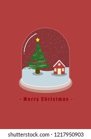 Snow falling with christmas tree, top yellow star and red house in snow globe for greeting card in red color
