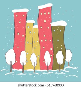 snow falling in the city.  Suitable for printing on Children's clothing shirt. Cute winter landscape Background with Winter City Landscape. House in the snow. Winter house. Winter. Trees in the snow.