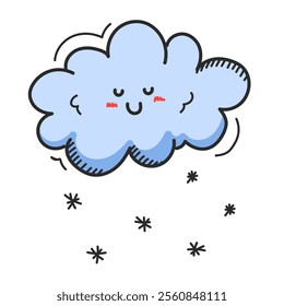 Snow falling from the cloud doodle icon vector isolated. Cute smiling cloud, winter weather. Symbol of snowfall.