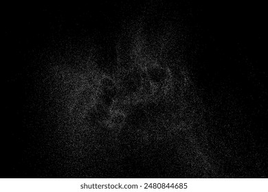 Textura granulada blanca en dificultades. Superposición de polvo con textura. Partículas de ruido de grano. Efecto Nieve. Fondo negro oxidado. Ilustración vectorial, EPS 10.
