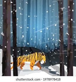 Snow Falling Forest Background With A Cartoon Lion.