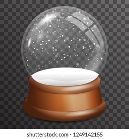 Snow falling glass ball highlight wooden stand realistic 3d transparent background template vector illustration