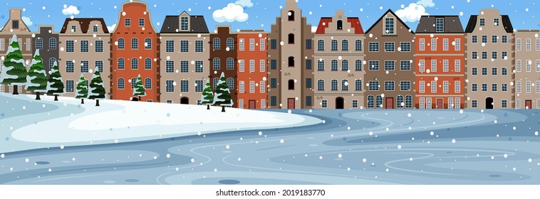 Escena horizontal de caída de nieve en el día con ilustración de fondo de edificios suburbanos