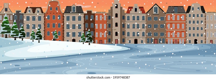 Snow falling horizontal scene at sunset time with suburban buildings background illustration