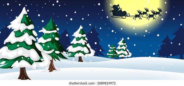 Snow falling at night background with Christmas tree  illustration
