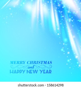 Snow falling on the background of blue luminous rays. Vector illustration.