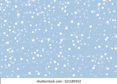 Snow falling on blue winter background with white snowflake creating cold frost weather scene. Soft gentle pattern with light particle dot for christmas holiday season. Simple clean festive design vector