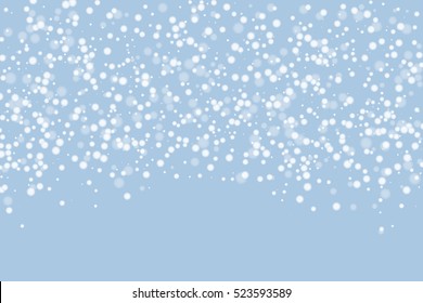 Snow falling on blue winter background with white snowflake creating cold frost weather scene. Soft gentle pattern with light particle dot for christmas holiday season. Simple clean festive design vector