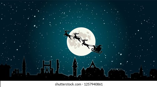 snow falling on old town on christmas eve, Santa Claus flying in his sleight with reindeer over the rooftops under full moon