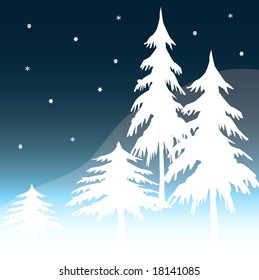 snow falling on pine trees