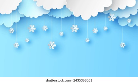 Snow falling on the sky background. Winter background for Christmas and New Year. paper cut and craft style. vector, illustration.