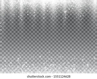 Snow falling on transparent background. Bright magic Christmas design. Glitter snowflakes, sparkling snowfall and glowing particles. Winter backdrop with realistic snow. Vector illustration.