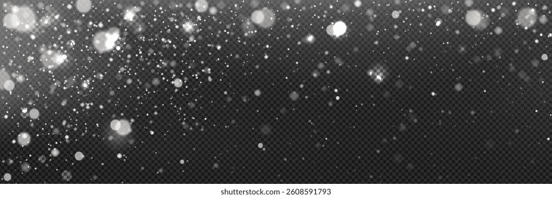 Snow falling on transparent background. Vector realistic illustration of blurred sparkling snowflakes flying in air, winter holiday snowfall, snowy frosty weather, xmas card design, overlay effect