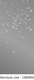 Snow falling on transparent. Realistic snowfall overlay background. 9x19.5 Stock vector illustration