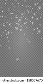 Snow falling on transparent. Realistic snowfall overlay background. 9x16 Stock vector illustration