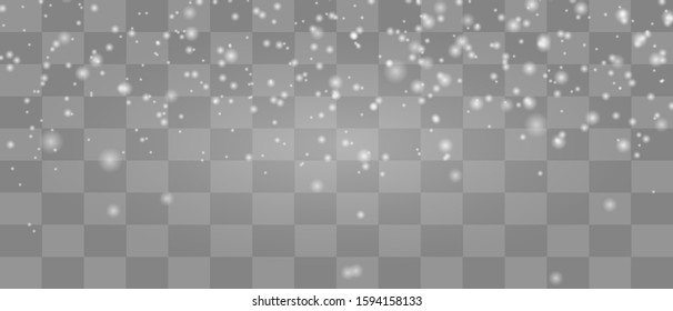 Snow falling on transparent. Realistic snowfall overlay background. 16x9 Stock vector illustration	