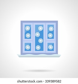 Snow falling outside the window. Winter time flat color style vector icon. Christmas weather. Buttons and design elements for website, mobile app, business. 