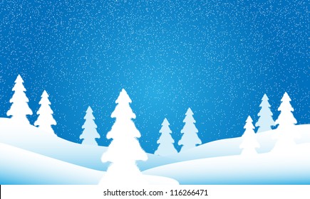 Snow falling over a fir tree forest