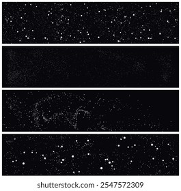 Snow falling overlay effect on black background. Snowfall, blizzard. Snowy winter vector background set. Distressed white grainy noise texture. Dust particles pattern