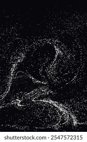 Snow falling overlay effect on black background. Snowfall, snowstorm or blizzard. Snowy winter vector background. Distressed white grainy noise texture. Dust particles pattern, powder splash