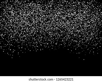 Snow falling from the sky. White dots and stars. Abstract Background. Glitter pattern for banner. Vector illustration on black background for winter holidays.