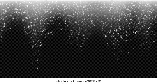 Snow falling or sparkling snowfall of glittering snowflake and glowing glitter particle on transparent background. Vector abstract pattern for Christmas or New Year winter holiday greeting card design