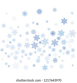 snow falling Vector illustration. Christmas background with snowflakes. Winter blue minimal decoration on white, greeting card. New Year Holidays backdrop.