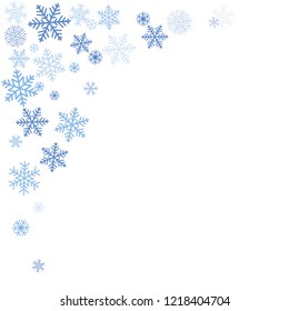 snow falling Vector illustration. Christmas background with snowflakes. Winter blue minimal decoration on white, greeting card. New Year Holidays backdrop.