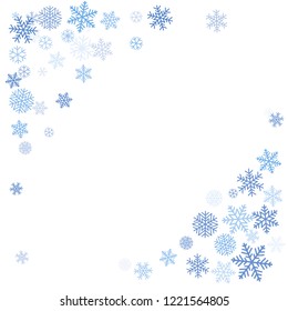 snow falling Vector illustration. Christmas background with snowflakes. Winter blue minimal decoration on white, greeting card. New Year Holidays backdrop.