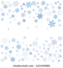 snow falling Vector illustration. Christmas background with snowflakes. Winter blue minimal decoration on white, greeting card. New Year Holidays backdrop.