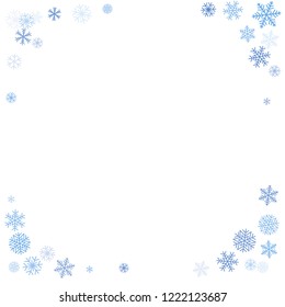 snow falling Vector illustration. Christmas background with snowflakes. Winter blue minimal decoration on white, greeting card. New Year Holidays backdrop.