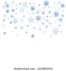 snow falling Vector illustration. Christmas background with snowflakes. Winter blue minimal decoration on white, greeting card. New Year Holidays backdrop.