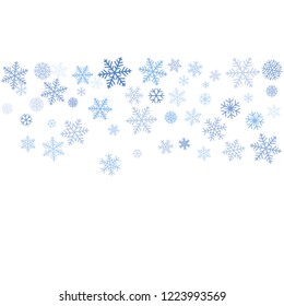 snow falling Vector illustration. Christmas background with snowflakes. Winter blue minimal decoration on white, greeting card. New Year Holidays backdrop.