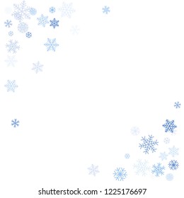 snow falling Vector illustration. Christmas background with snowflakes. Winter blue minimal decoration on white, greeting card. New Year Holidays backdrop.