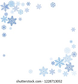snow falling Vector illustration. Christmas background with snowflakes. Winter blue minimal decoration on white, greeting card. New Year Holidays backdrop.