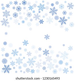 snow falling Vector illustration. Christmas background with snowflakes. Winter blue minimal decoration on white, greeting card. New Year Holidays backdrop.
