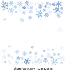 snow falling Vector illustration. Christmas background with snowflakes. Winter blue minimal decoration on white, greeting card. New Year Holidays backdrop.