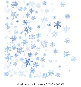 snow falling Vector illustration. Christmas background with snowflakes. Winter blue minimal decoration on white, greeting card. New Year Holidays backdrop.
