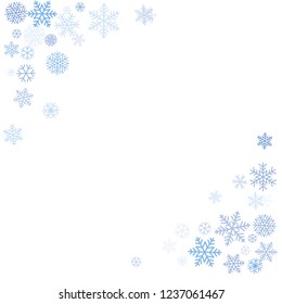 snow falling Vector illustration. Christmas background with snowflakes. Winter blue minimal decoration on white, greeting card. New Year Holidays backdrop.