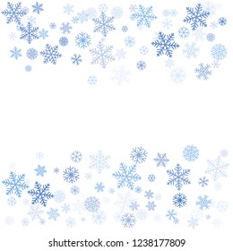 snow falling Vector illustration. Christmas background with snowflakes. Winter blue minimal decoration on white, greeting card. New Year Holidays backdrop.
