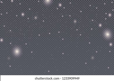 Snow, falling vector snowflakes isolated on transparent background. Christmas snowfall pattern with transparent overlay effect. Winter pattern with white flake. 