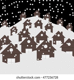Snow falling and village houses with roofs. Beautiful winter night snowfall with round snowflakes. Vector illustration.