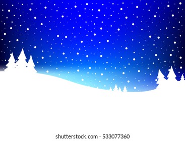 Snow falling, white winter landscape, winter night, flat design template, size A4 horizontal, vector illustration