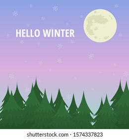 Snow falling in winter Christmas pine tree moon and pastel sky