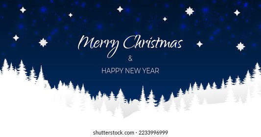 Snow falling in winter season, shiny stars. Merry Christmas and happy new year background banner. Vector  illustration landscape mountain forest paper silhouette. Night blue sky with snowflakes.