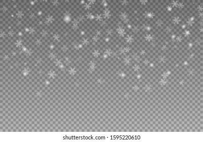 Snow falling winter snowflake. Abstract snowflake background for your winter design. Falling Christmas snow. Snowstorm and blizzard. Snowflakes isolated on transparent background.