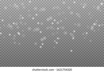 Snow falling winter snowflake. Abstract snowflake background for your winter design. Falling Christmas snow. Snowstorm and blizzard. Snowflakes isolated on transparent background.