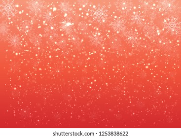 Snow falling in winter time. Stylized gradient red frame and background with snowflakes and stars. Vector background illustration of realistic snow. Flying border with seasonal elements.