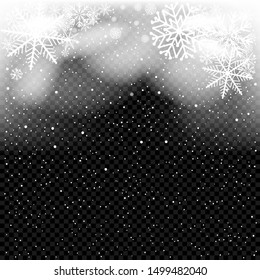 Snow falls in darkness. Christmas backdrop template. White snowflakes falling from clouds on dark transparent background